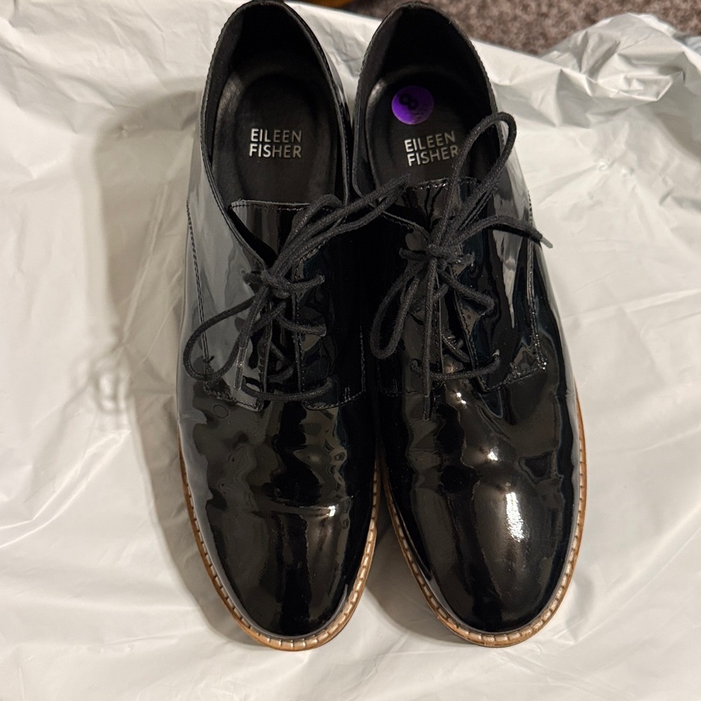 Eileen Fisher Eddy Black Patent Leather Platform Oxfords